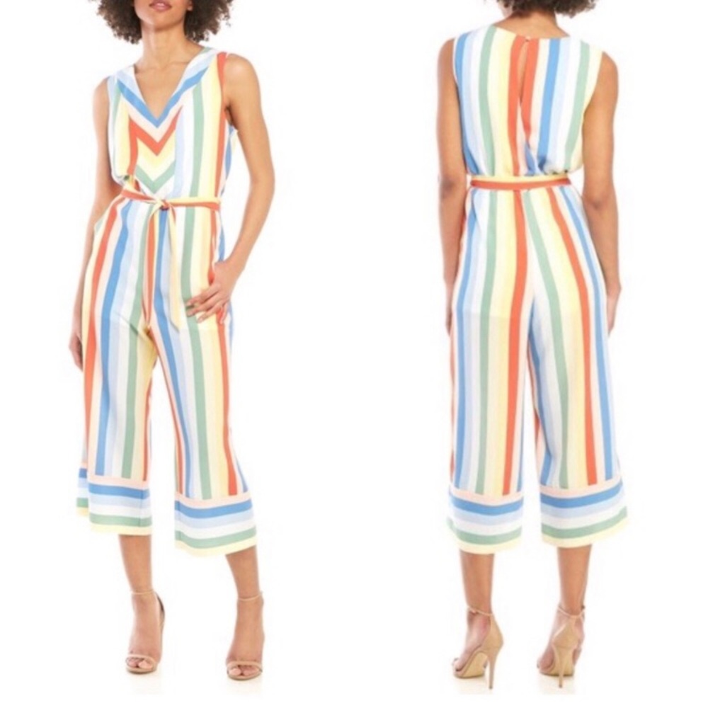 Luxology Cropped Multi Color Striped Sleeveless Tie Waist Jumpsuit M